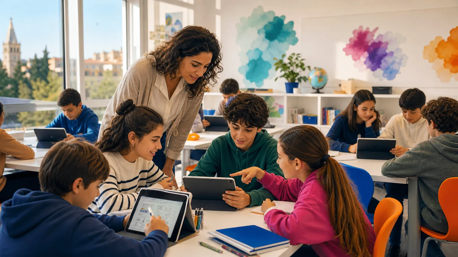 Students working with tablets under the guidance of a Robi educator